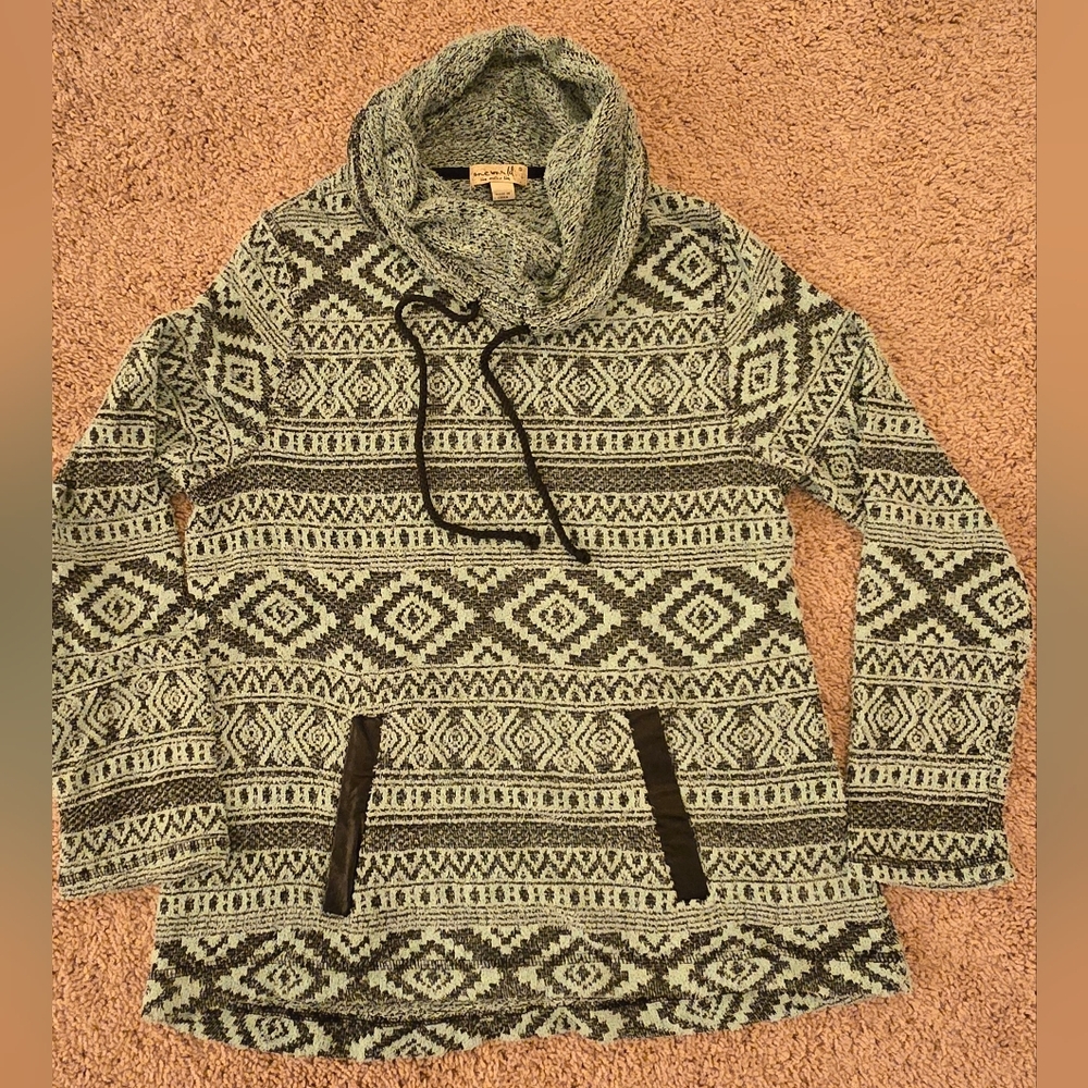 Womens Teal Patterned Cowl Neck Tunic Sweater Size Small.